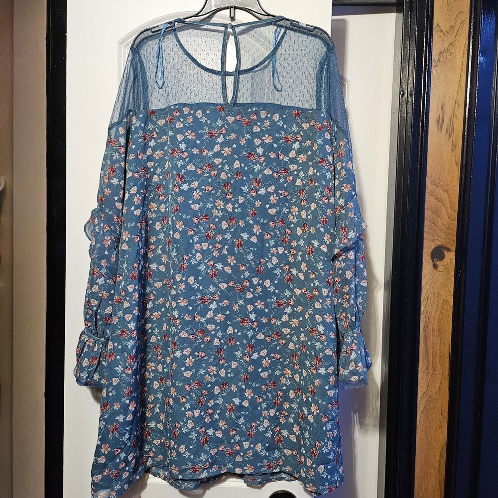 Francesca's Collection Floral Blue Women's Dress  with Mesh neck and Ruffles